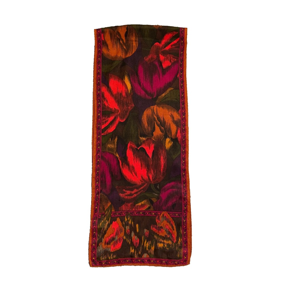 Vintage Liz Claiborne 100% Silk Abstract Red Orange Fuscia Green Scarf 80s